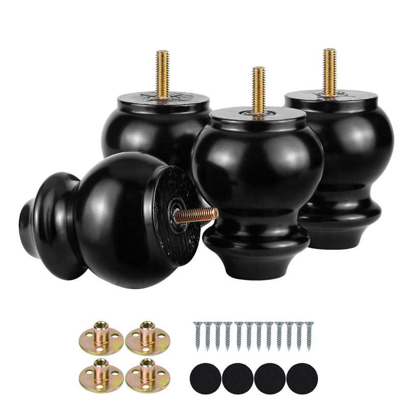 Michanco 4 Inch Wood Furniture Legs Bun Feet Replacement Chunky Wooden Furniture Feet for Sofa Couch Set of 4 (4 Inch Black) - Image 1